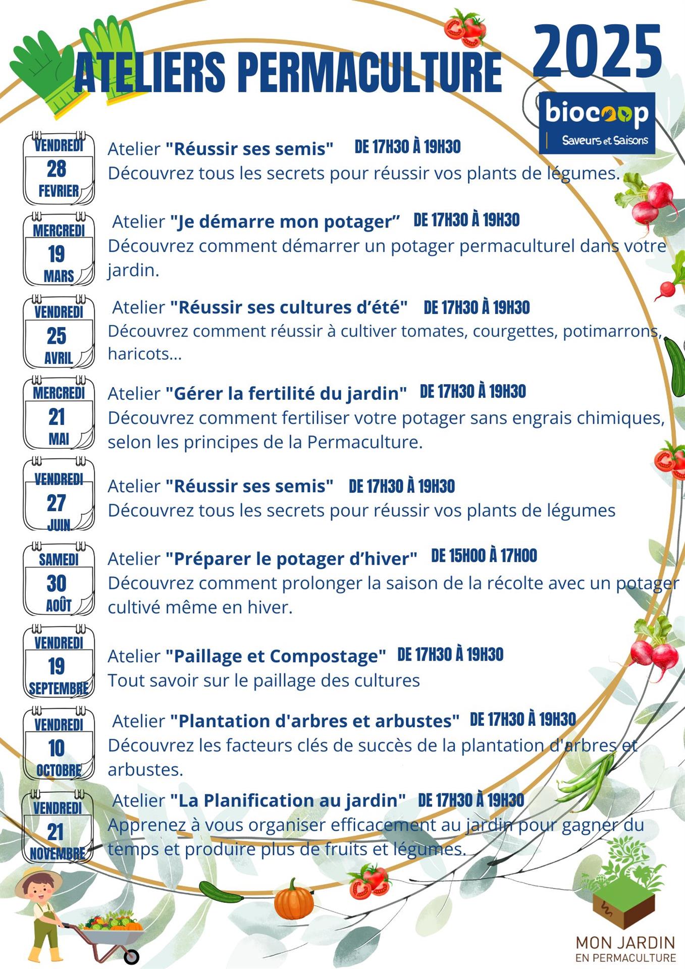 Calendrier 2025 des Ateliers Permaculture 